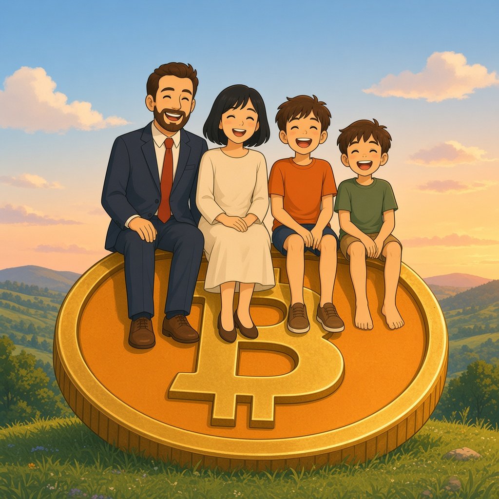 Illustrated family of four sitting on a giant golden bitcoin at sunset