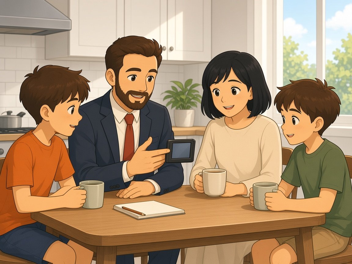Illustrated dad showing a small hardware wallet to his family at the kitchen table