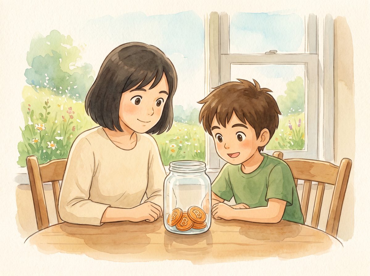 Mom and younger boy looking at a jar with a few bitcoin coins