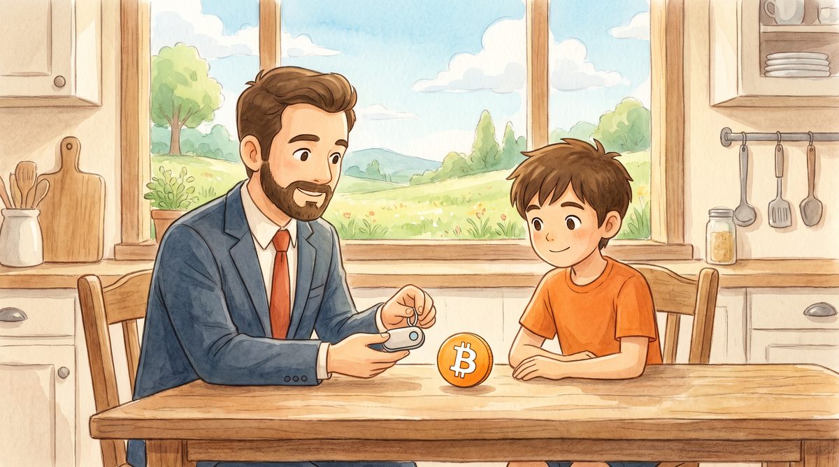 Dad showing a small hardware wallet to the older boy