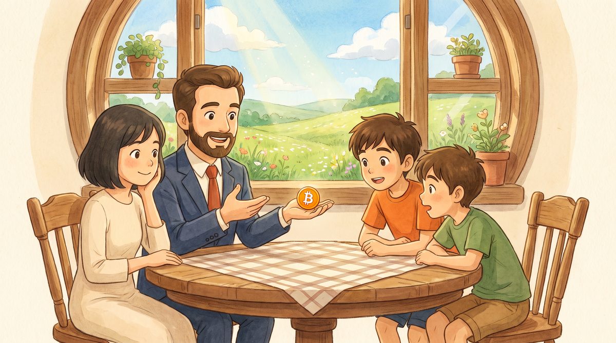Dad explaining a bitcoin coin to Mom and the boys at the kitchen table