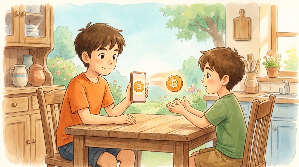 Older brother showing a phone to younger brother with a bitcoin coin between them